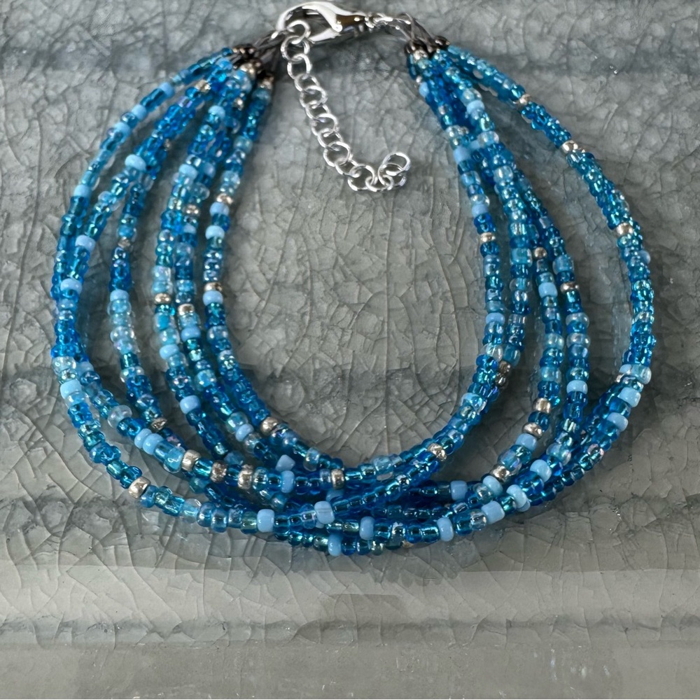 HAND CRAFTED BRACELET Ocean Blue Multi-Strand Czech Glass Beaded Delicate NWT - Picture 4 of 16